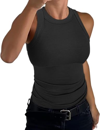 ELFIN Damen Ärmellos Racerback High Neck Tank Top Rundhals Gerippt Slim Fit Basic Shirt Sexy Obertiele Sommer Weste Ribbed Tops (L, Schwarz) von ELFIN