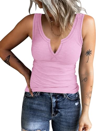 ELFIN Damen Tank Top Sommer Sexy V Ausschnitt Slim Fit Oberteile Gerippt Ärmellos Basic Shirt Weste Top (M, Rosa) von ELFIN