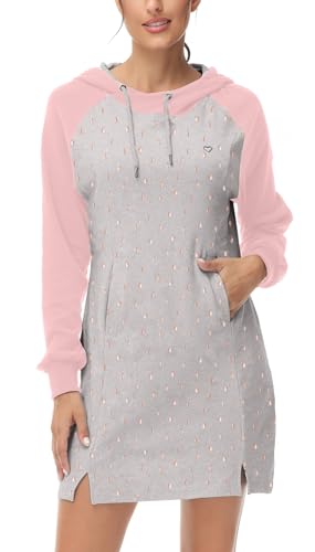 ELFIN Damen Hoodie Kleid Pullover Dress Langarm Sweatshirt Kapuzenpullover Herbst Winter Kleid Sweatjacke, Rosa, L von ELFIN