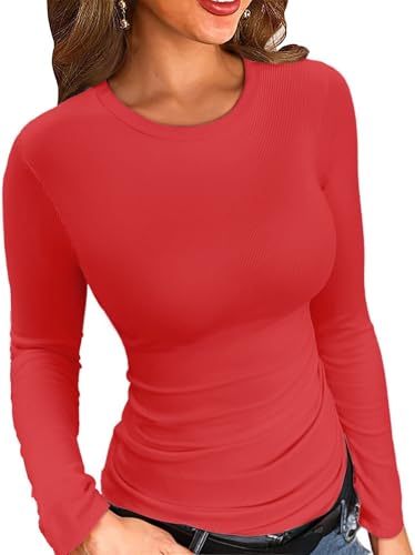 ELFIN Damen Langarmshirt Gerippt Slim Fit Basic T-Shirt Langarm Oberteile Elegant Rundhals Stretch Pullover Casual Bluse Hemd Ribbed Tops (L, Rot) von ELFIN