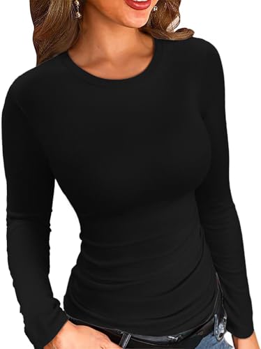 ELFIN Damen Langarmshirt Gerippt Slim Fit Basic T-Shirt Langarm Oberteile Elegant Rundhals Stretch Pullover Casual Bluse Hemd Ribbed Tops (L, Schwarz) von ELFIN