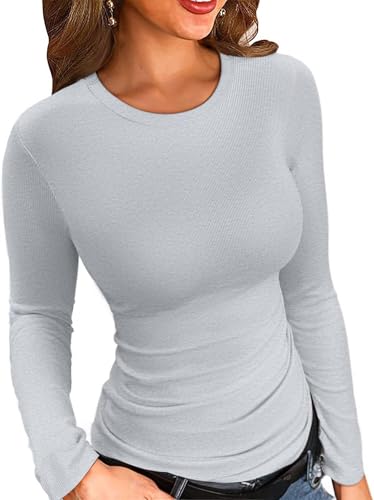 ELFIN Damen Langarmshirt Gerippt Slim Fit Basic T-Shirt Langarm Oberteile Elegant Rundhals Stretch Pullover Casual Bluse Hemd Ribbed Tops (M, Grau) von ELFIN