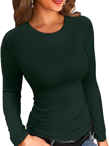 ELFIN Damen Langarmshirt Gerippt Slim Fit Basic T-Shirt Langarm Oberteile Elegant Rundhals Stretch Pullover Casual Bluse Hemd Ribbed Tops (S, Dunkelgrün) von ELFIN