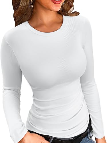 ELFIN Damen Langarmshirt Gerippt Slim Fit Basic T-Shirt Langarm Oberteile Elegant Rundhals Stretch Pullover Casual Bluse Hemd Ribbed Tops (S, Weiß) von ELFIN