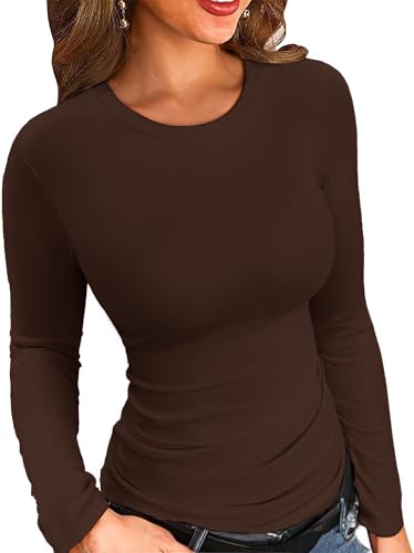 ELFIN Damen Langarmshirt Gerippt Slim Fit Basic T-Shirt Langarm Oberteile Elegant Rundhals Stretch Pullover Casual Bluse Hemd Ribbed Tops (XL, Dunkelkaffee) von ELFIN