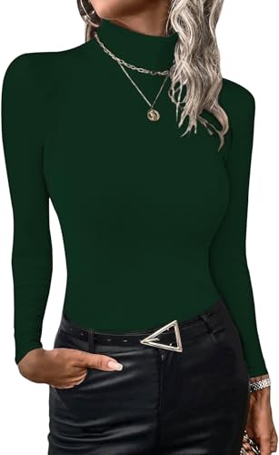 ELFIN Damen Langarmshirt Gerippt Stretch Pullover Rollkragen Elegant Langarm Oberteile Slim Fit Basic Shirt Hemd Tops (L, Dunkelgrün) von ELFIN