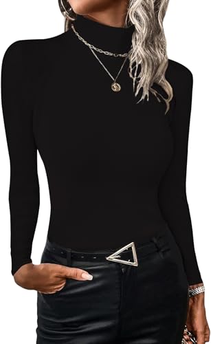 ELFIN Damen Langarmshirt Gerippt Stretch Pullover Rollkragen Elegant Langarm Oberteile Slim Fit Basic Shirt Hemd Tops (M, Schwarz) von ELFIN