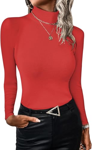 ELFIN Damen Langarmshirt Gerippt Stretch Pullover Rollkragen Elegant Langarm Oberteile Slim Fit Basic Shirt Hemd Tops (XL, Rot) von ELFIN