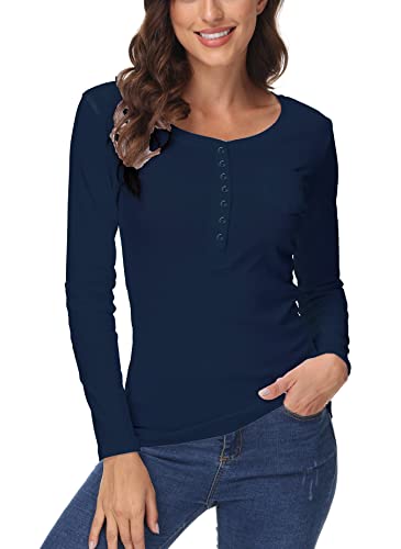 ELFIN Damen Langarmshirt Rundhals Leicht V-Ausschnitt Longsleeve T-Shirt Langarm Freizeit Oberteil Elegantes Stretchbar Henley Shirt Basic Tops, Blau, M von ELFIN