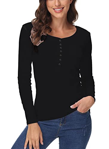 ELFIN Damen Langarmshirt Rundhals Leicht V-Ausschnitt Longsleeve T-Shirt Langarm Freizeit Oberteil Elegantes Stretchbar Henley Shirt Basic Tops, Schwarz, M von ELFIN