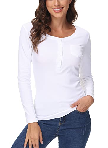 ELFIN Damen Langarmshirt Rundhals Leicht V-Ausschnitt Longsleeve T-Shirt Langarm Freizeit Oberteil Elegantes Stretchbar Henley Shirt Basic Tops, Weiß, L von ELFIN