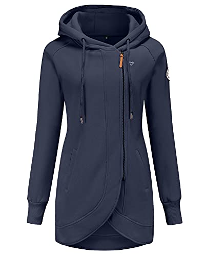ELFIN Damen Lange Kapuzenpullover Zipper Hoodie Herbst Winter Pulli Sweatjacke mit Reißverschluss, Blau, L von ELFIN