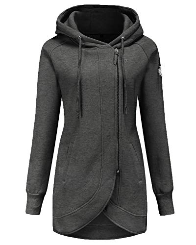 ELFIN Damen Lange Kapuzenpullover Zipper Hoodie Herbst Winter Pulli Sweatjacke mit Reißverschluss, Dunkel Grau, XXL von ELFIN