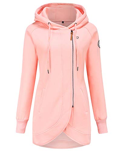 ELFIN Damen Lange Kapuzenpullover Zipper Hoodie Herbst Winter Pulli Sweatjacke mit Reißverschluss, Rosa, XXL von ELFIN