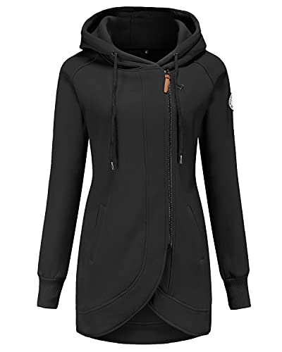 ELFIN Damen Lange Kapuzenpullover Zipper Hoodie Herbst Winter Pulli Sweatjacke mit Reißverschluss, Schwarz, S von ELFIN