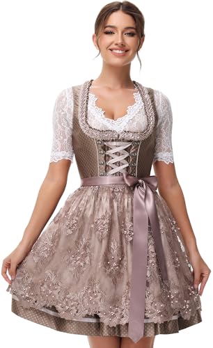 ELFIN Damen Midi Dirndl Elegante Trachtenkleid Dirndlkleid Trachtenmode Kleid für Oktoberfest inkl. Spitzen Dirndlschürze, Dunkelkaffee, 38 von ELFIN