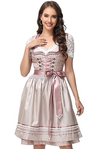 ELFIN Damen Midi Dirndl Elegante Trachtenkleid für Oktoberfest inkl. Spitzen Dirndlschürze, Altrosa, 36 von ELFIN