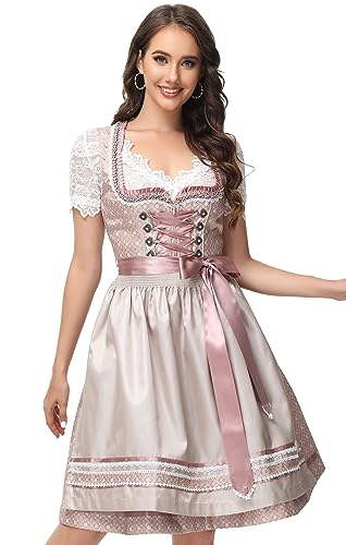 ELFIN Damen Midi Dirndl Elegante Trachtenkleid für Oktoberfest inkl. Spitzen Dirndlschürze, Altrosa, 44 von ELFIN