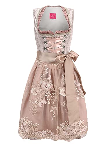 ELFIN Damen Midi Dirndl Elegante Trachtenkleid für Oktoberfest inkl. Spitzen Dirndlschürze, Champagner Rosa, 34 von ELFIN