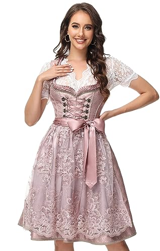 ELFIN Damen Midi Dirndl Elegante Trachtenkleid für Oktoberfest inkl. Spitzen Dirndlschürze, Pink, 40 von ELFIN