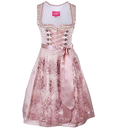 ELFIN Damen Midi Dirndl Elegante Trachtenkleid für Oktoberfest inkl. Spitzen Dirndlschürze, Rosa, 46 von ELFIN