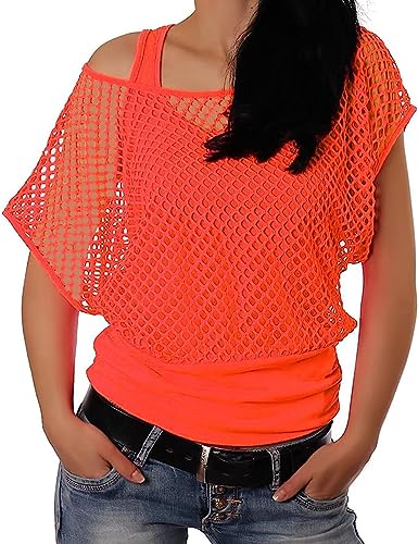 ELFIN Damen Netzshirt Netztop Netzhemd 80er Jahre Outfits Karneval Fasching Motto Party Tops Netzoberteil Sommertops, Neonorange, L von ELFIN