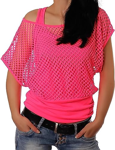 ELFIN Damen Netzshirt Netztop Netzhemd 80er Jahre Outfits Karneval Fasching Motto Party Tops Netzoberteil Sommertops, Neonpink, S von ELFIN