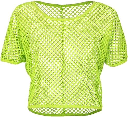 ELFIN Damen Netzshirt Netztop Netzhemd Crop Top 80er Jahre Outfits Karneval Fasching Motto Party Tops Netzoberteil Sommertops, Neon-Grün, M von ELFIN