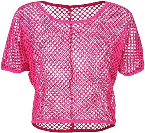 ELFIN Damen Netzshirt Netztop Netzhemd Crop Top 80er Jahre Outfits Karneval Fasching Motto Party Tops Netzoberteil Sommertops, Neon-Pink, L von ELFIN