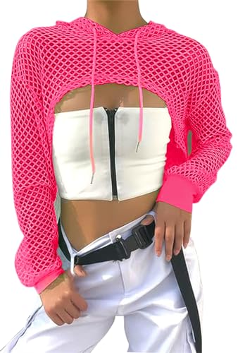 ELFIN Damen Netzshirt Netztop Netzhemd Crop Top 80er Jahre Outfits Karneval Fasching Motto Party Tops Netzoberteil Sommertops, Neon-Pink-Kapuze, L von ELFIN