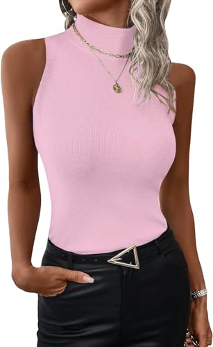 ELFIN Damen Rolli Top Elegant Rollishirt Rollkragen Ärmellos Basic Stretch Weste Slim Fit Gerippt Tank Tops Pullover Einfarbig (L, Rosa) von ELFIN