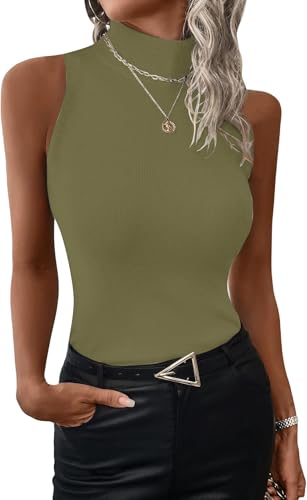 ELFIN Damen Rolli Top Elegant Rollishirt Rollkragen Ärmellos Basic Stretch Weste Slim Fit Gerippt Tank Tops Pullover Einfarbig (XL, Olive) von ELFIN