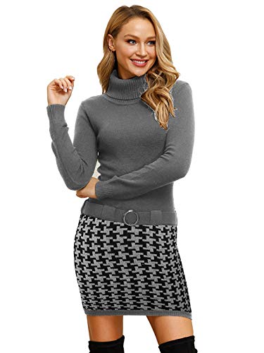 ELFIN Damen Rollkragen Pullover Kleid Elegant Winterkleid Strickkleid Knielang Minikleid mit Print-Rockteil Sweater Dress ,Grau/Schwarz L von ELFIN