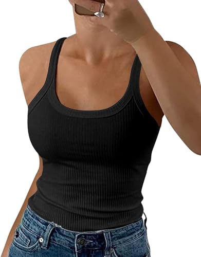 ELFIN Damen Spaghetti Top Gerippt Sommer Sexy Tank Top Cami Oberteile Ärmellos Slim Fit Basic Shirt Ribbed Träger Tops Einfarbig (M, Schwarz) von ELFIN