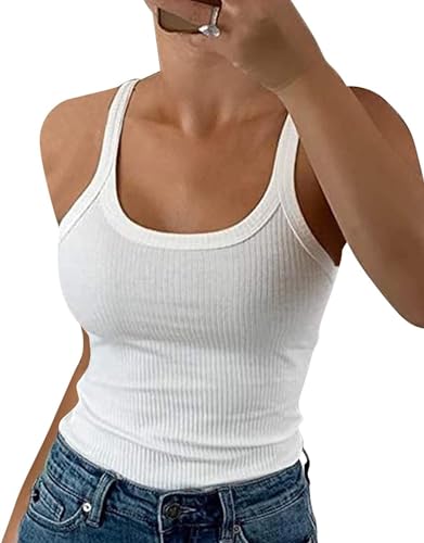 ELFIN Damen Spaghetti Top Gerippt Sommer Sexy Tank Top Cami Oberteile Ärmellos Slim Fit Basic Shirt Ribbed Träger Tops Einfarbig (S, Weiß) von ELFIN