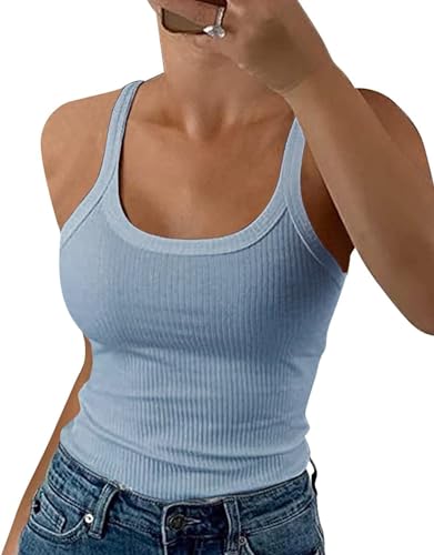 ELFIN Damen Spaghetti Top Gerippt Sommer Sexy Tank Top Cami Oberteile Ärmellos Slim Fit Basic Shirt Ribbed Träger Tops Einfarbig (XL, Blau) von ELFIN