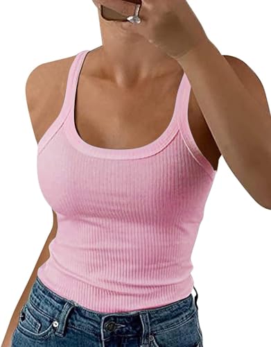 ELFIN Damen Spaghetti Top Gerippt Sommer Sexy Tank Top Cami Oberteile Ärmellos Slim Fit Basic Shirt Ribbed Träger Tops Einfarbig (XL, Rosa) von ELFIN