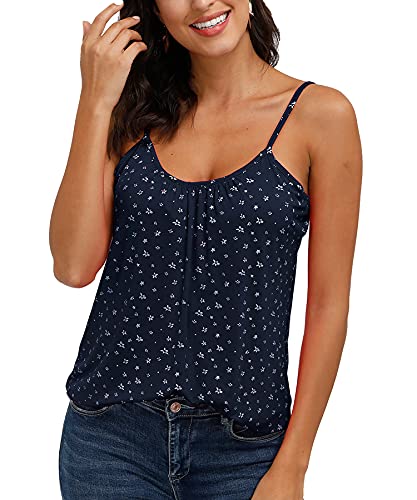 ELFIN Damen Spaghetti Top Sommer Tanktop Bluse Ärmellose Falten Basic Shirt Sommer Strand Bluse Oberteile Lässiges (S, Druck-blau) von ELFIN