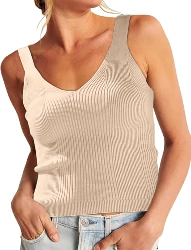 ELFIN Damen Strick Tank Top Sommer Sexy Crop Top Kurz Ärmellose Strickoberteil V Ausschnitt Slim Fit Basic Shirt Knit Tops (L, Dick Aprikose) von ELFIN