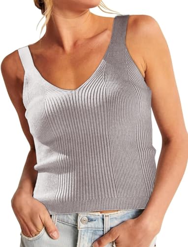 ELFIN Damen Strick Tank Top Sommer Sexy Crop Top Kurz Ärmellose Strickoberteil V Ausschnitt Slim Fit Basic Shirt Knit Tops (L, Grau) von ELFIN