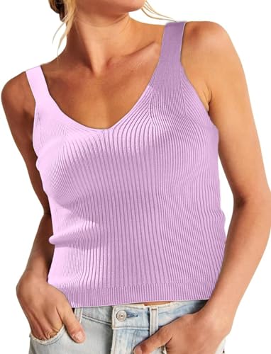 ELFIN Damen Strick Tank Top Sommer Sexy Crop Top Kurz Ärmellose Strickoberteil V Ausschnitt Slim Fit Basic Shirt Knit Tops (L, Süßes Lila) von ELFIN