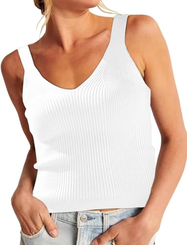 ELFIN Damen Strick Tank Top Sommer Sexy Crop Top Kurz Ärmellose Strickoberteil V Ausschnitt Slim Fit Basic Shirt Knit Tops (L, Weiß) von ELFIN