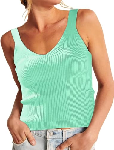 ELFIN Damen Strick Tank Top Sommer Sexy Crop Top Kurz Ärmellose Strickoberteil V Ausschnitt Slim Fit Basic Shirt Knit Tops (M, Süßes Grün) von ELFIN