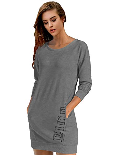 ELFIN Damen Sweatkleid Langarm Kleider Sweatshirt Dress Lässig Sportliche Longshirt Tops Minikleider mit Logodruck Herbst von ELFIN