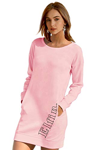 ELFIN Damen Sweatkleid Langarm Kleider Sweatshirt Dress Lässig Sportliche Longshirt Tops Minikleider mit Logodruck Herbst von ELFIN