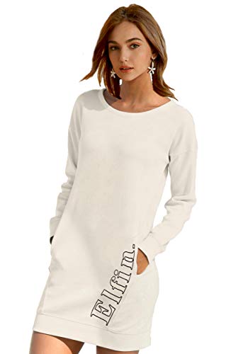 ELFIN Damen Sweatkleid Langarm Kleider Sweatshirt Dress Lässig Sportliche Longshirt Tops Minikleider mit Logodruck Herbst von ELFIN