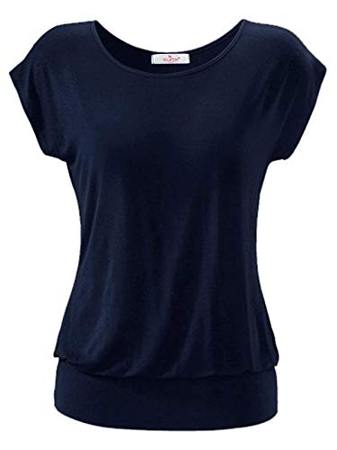 ELFIN Damen T-Shirt Ärmellos Longshirt Kurzarm Lässig Tunika Weite O-Neck Oberteile Sommer Basic Top, Marine, Gr. M von ELFIN