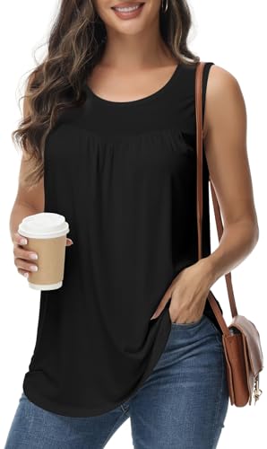 ELFIN Damen Tank Top Ärmellos Sommer T Shirt Lässiges Falten Tunika Tops Rundhals Oberteile Basic (L, Schwarz) von ELFIN