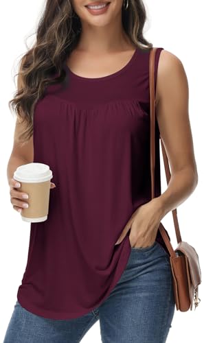 ELFIN Damen Tank Top Ärmellos Sommer T Shirt Lässiges Falten Tunika Tops Rundhals Oberteile Basic (L, Weinrot) von ELFIN