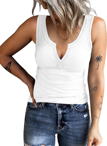 ELFIN Damen Tank Top Sommer Sexy V Ausschnitt Slim Fit Oberteile Gerippt Ärmellos Basic Shirt Weste Top (L, Weiß) von ELFIN